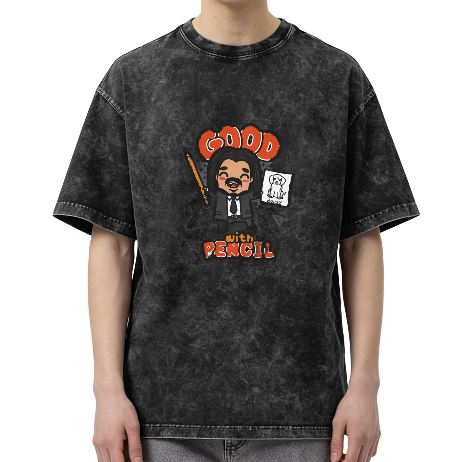 Washed black graphic t-shirt with 'Good with Pencil' John Wick cartoon print
