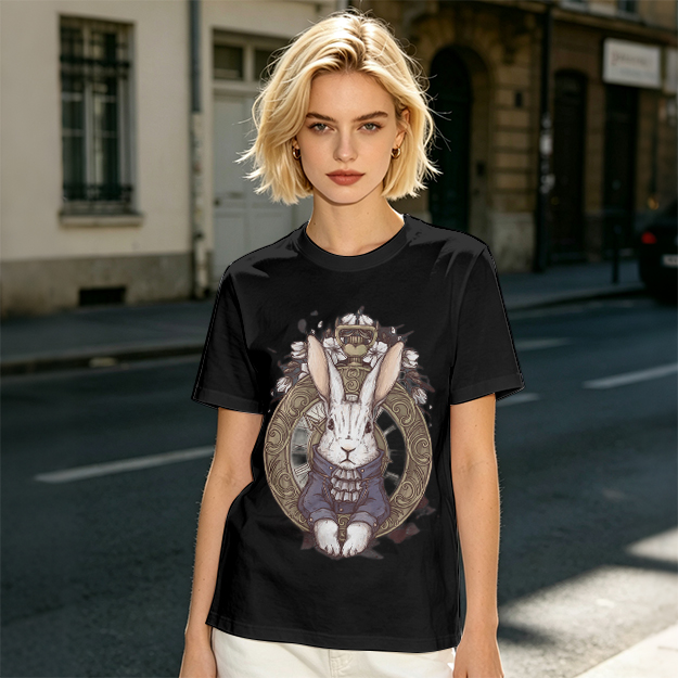 Olive T-Shirt With Steampunk White Rabbit Pocket Watch Art