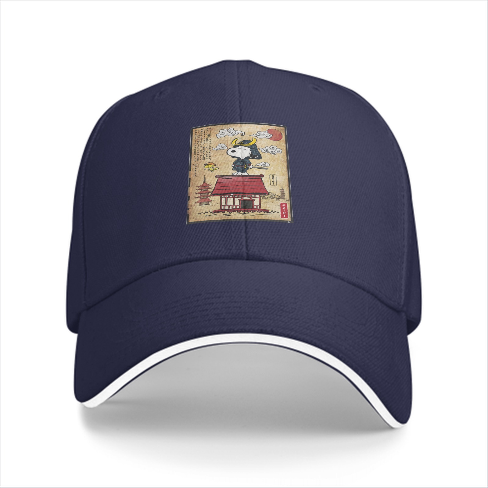 Black baseball cap with Snoopy samurai Japanese temple print