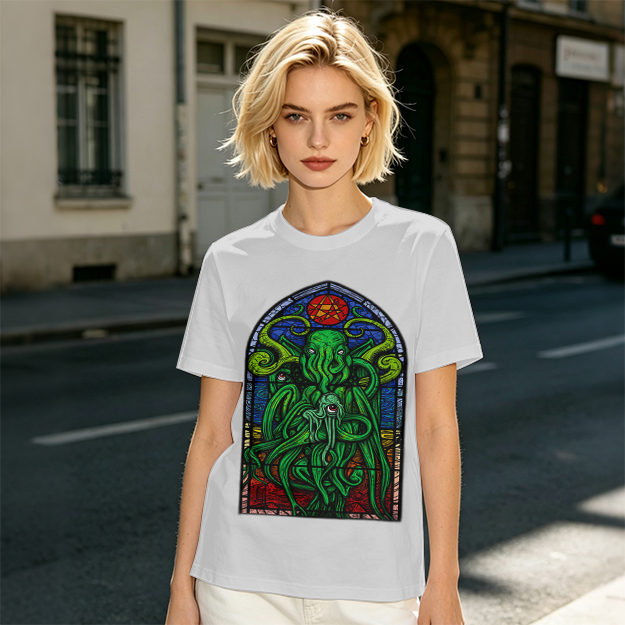 Olive T-Shirt with Cthulhu Stained Glass Style Graphic