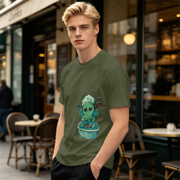 Olive T-shirt with Cute Sad Cthulhu Bathing Graphic