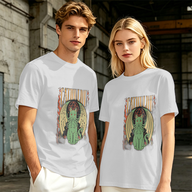 Olive T-shirt with Cthulhu Cat Graphic Print