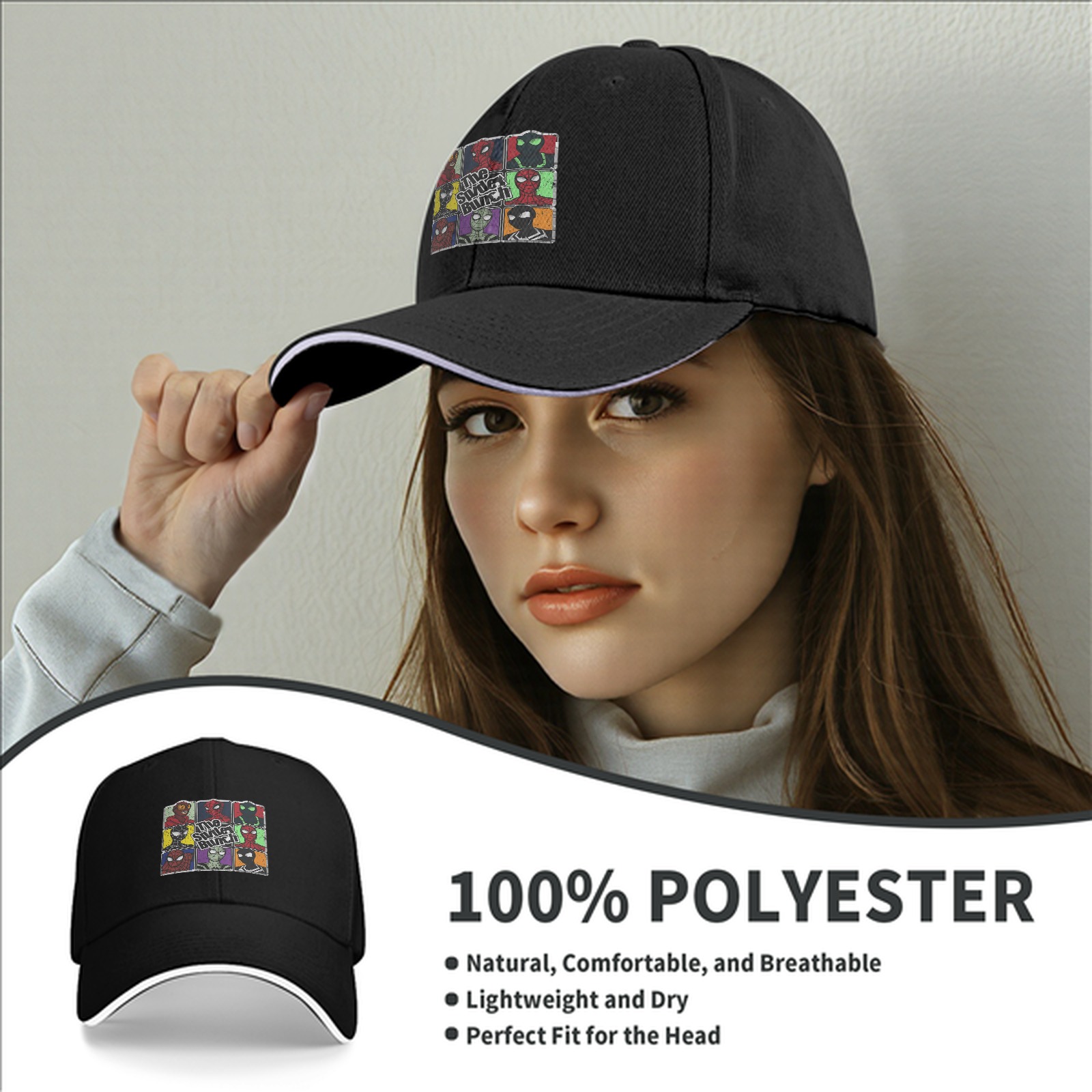Black baseball cap with The Spider Bunch superhero graphic
