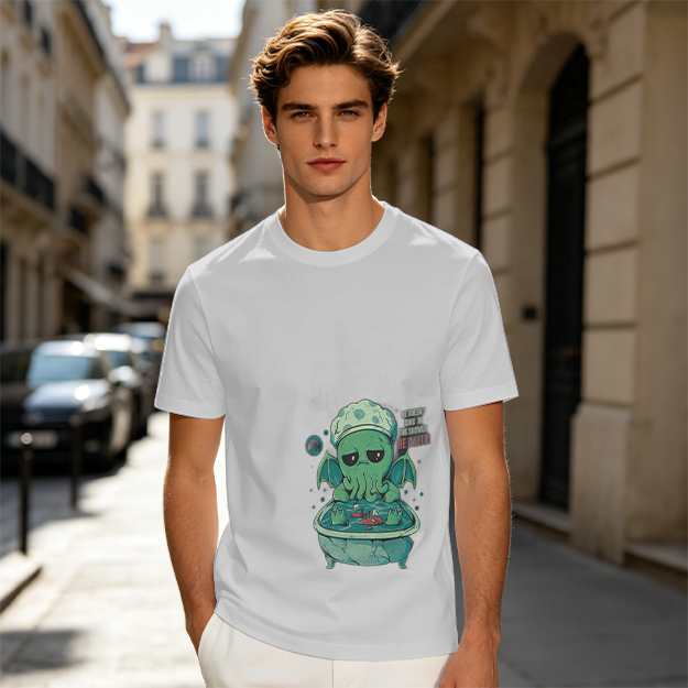 Olive T-shirt with Cute Sad Cthulhu Bathing Graphic