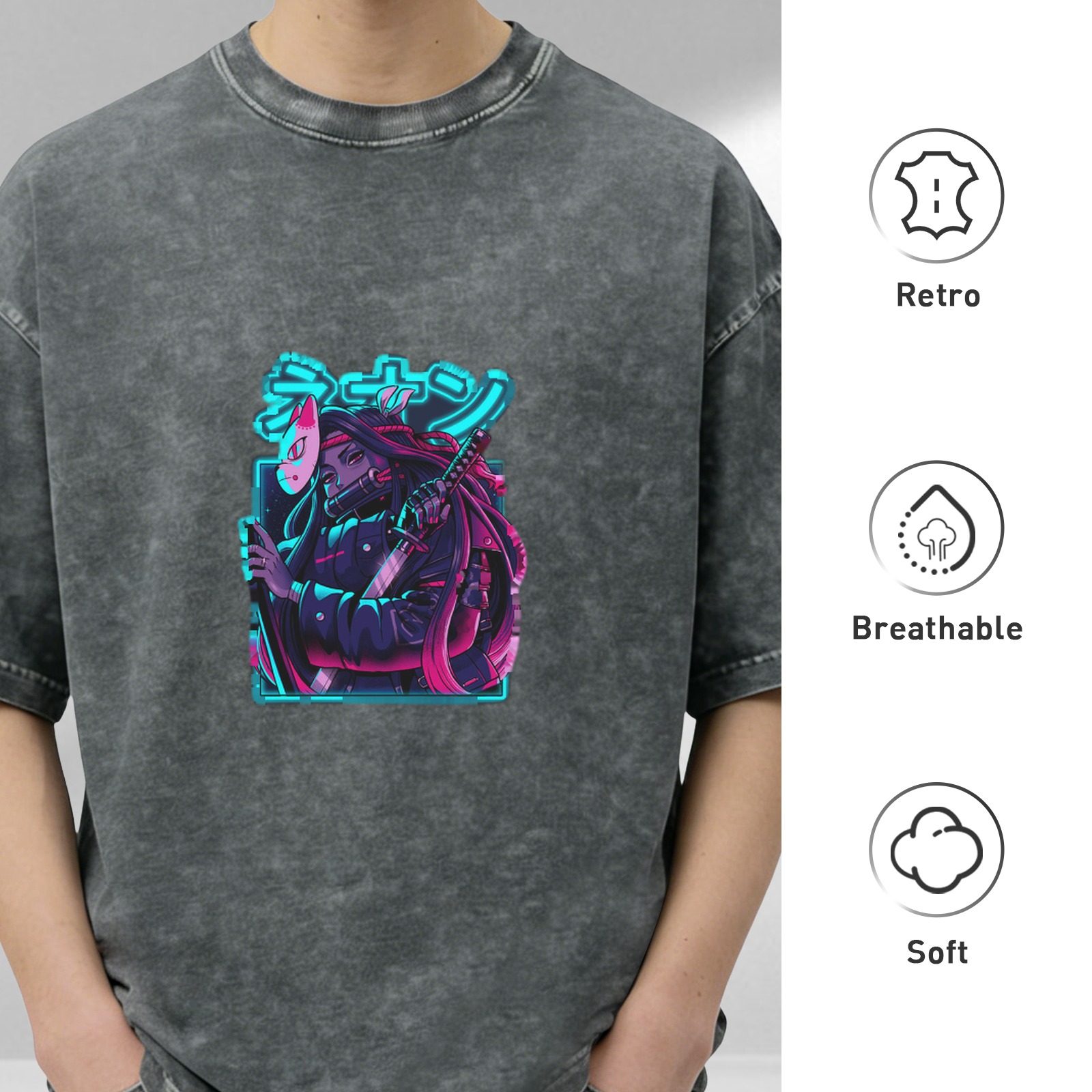 Oversized Acid Wash T-Shirt With Neon Anime Samurai Graphic