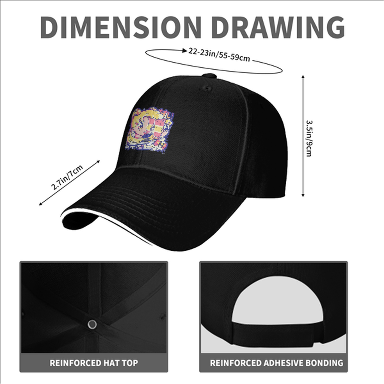 Black Baseball Cap With Retro Anime Girl Graphic Print