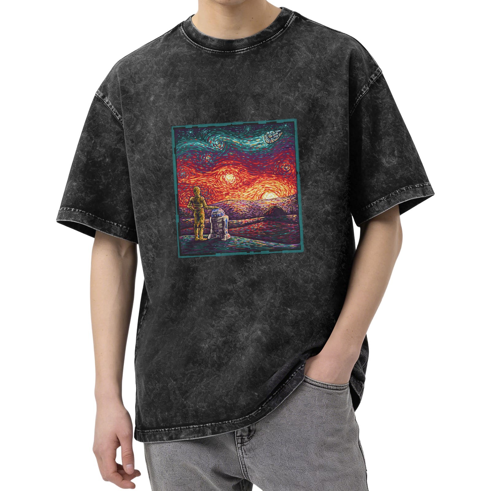 Star Wars Van Gogh Style Droid Graphic Vintage Wash T-Shirt