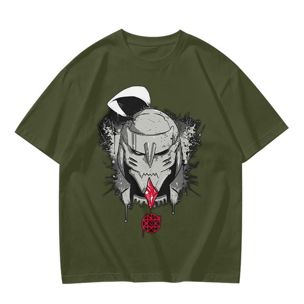 Olive T-shirt with Dark Fantasy Mechanical Skull Graphic Print
