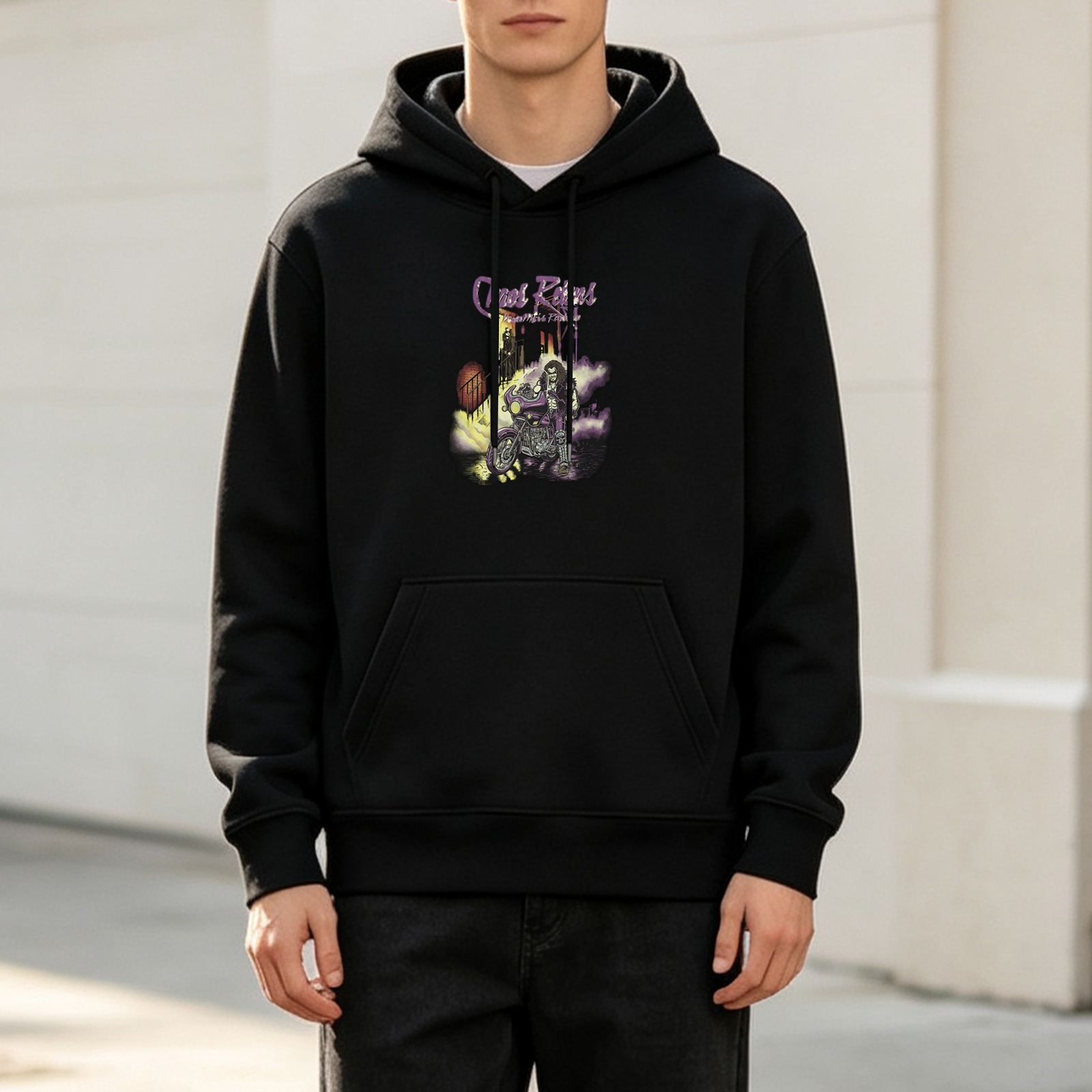 Black hoodie with gothic motorcycle graphic print