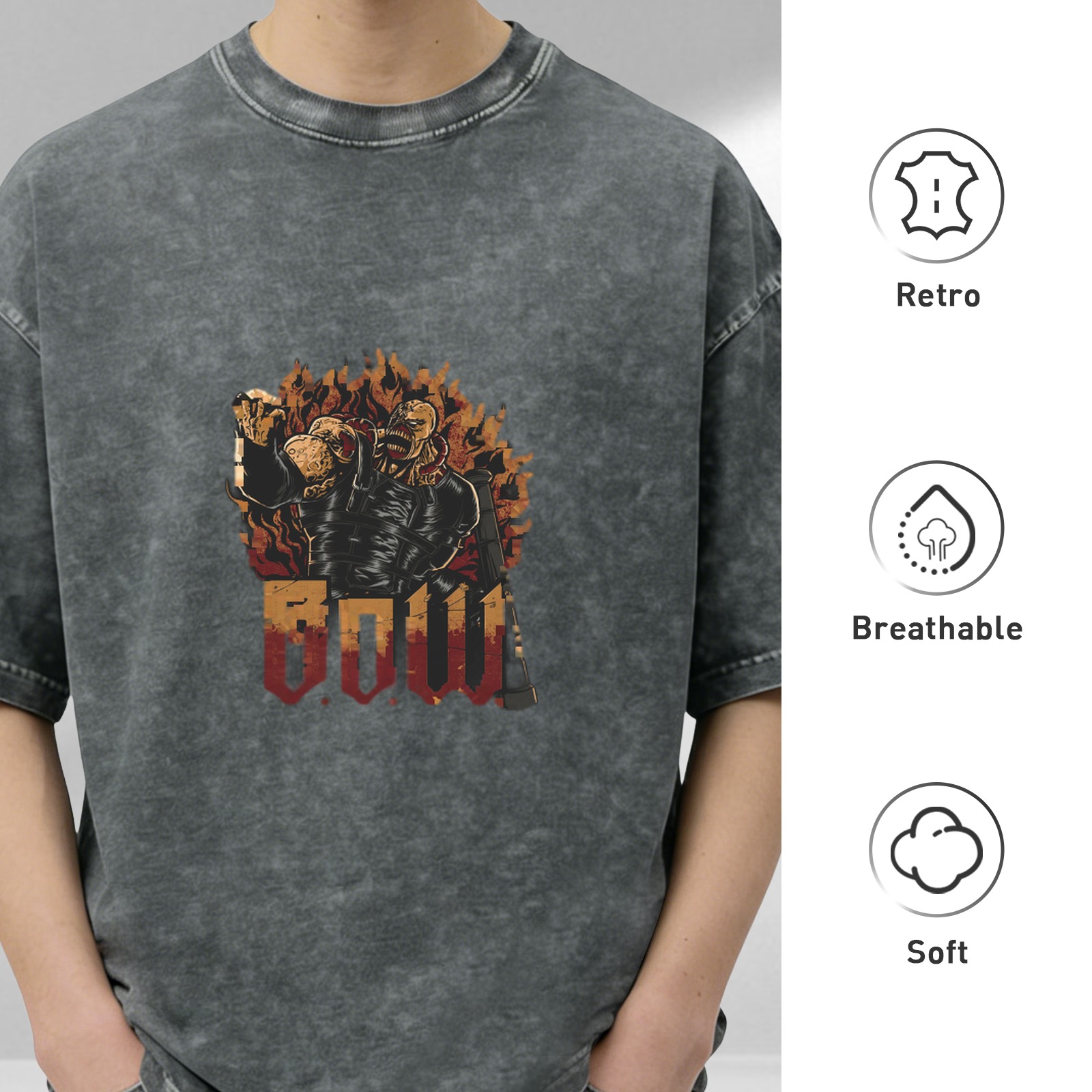 Oversized Dark Wash Graphic T-Shirt with Fiery Monster and BOW Print