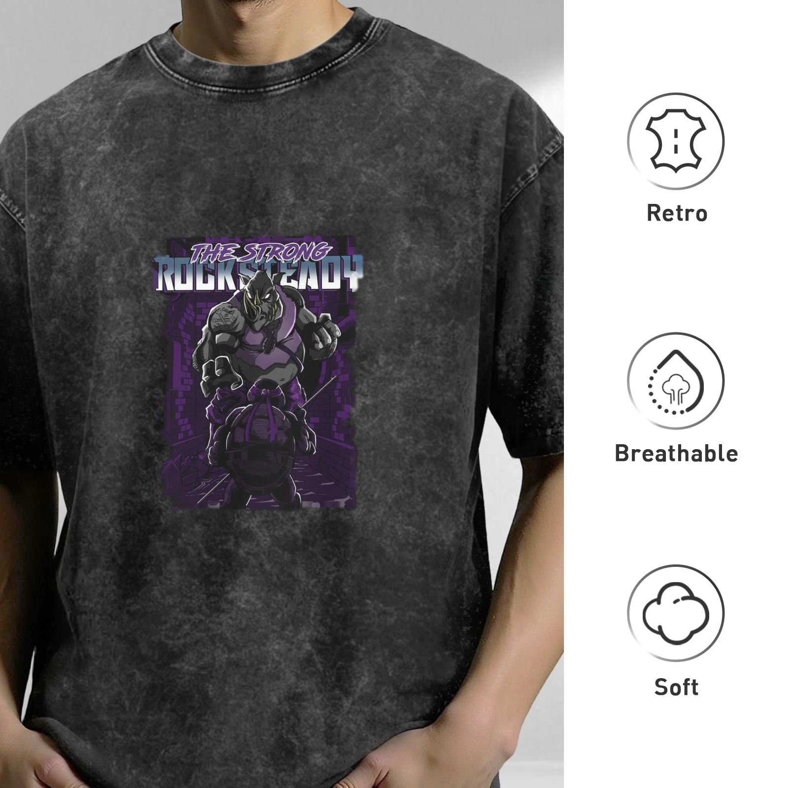 Oversized Stonewashed T-Shirt with Rocksteady Graphic Print