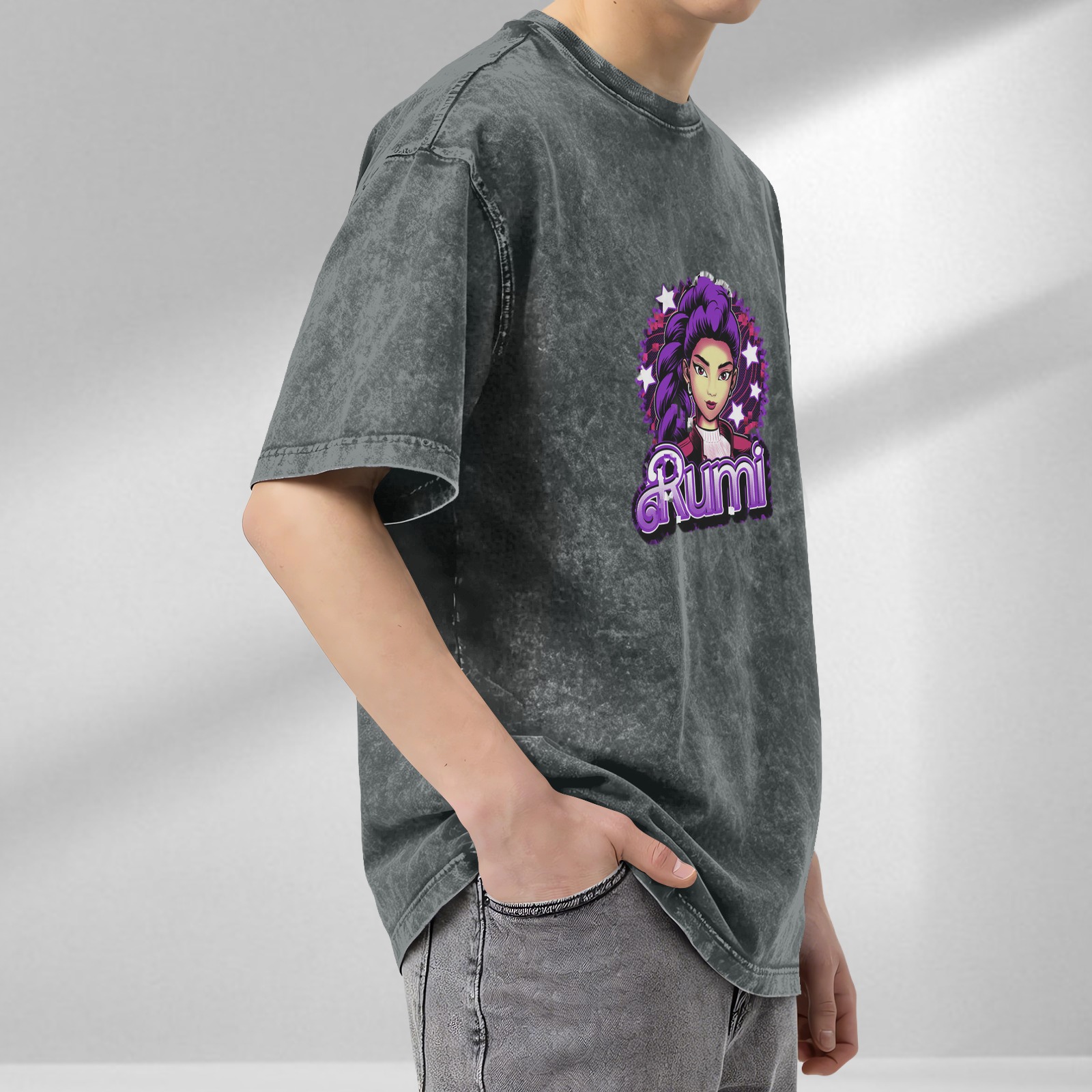 Oversized Black Acid Wash T-Shirt With Rumi Graphic Print