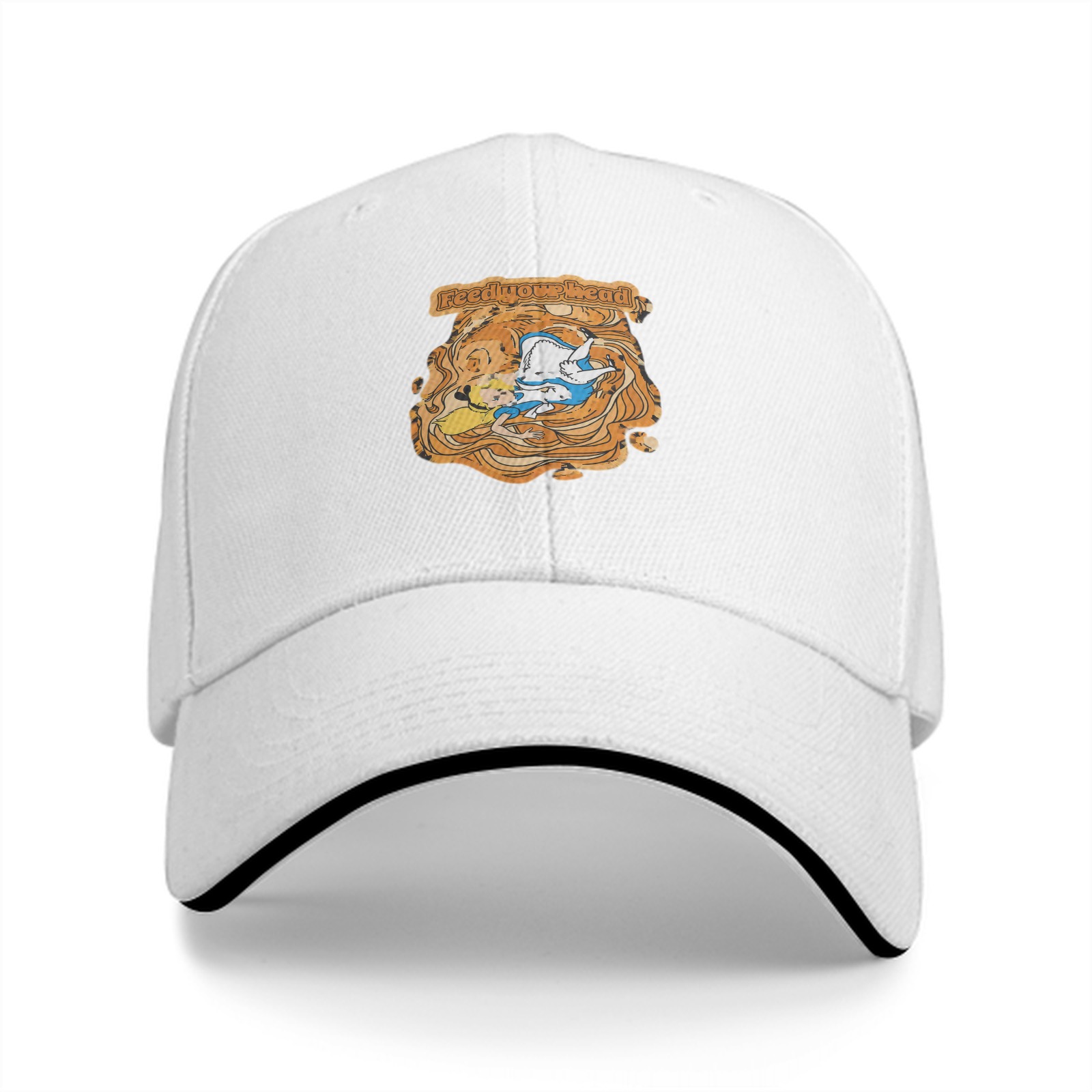 Black baseball cap with whimsical illustrated character design