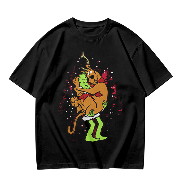 Olive Christmas T-Shirt Featuring Scooby-Doo Hugging The Grinch