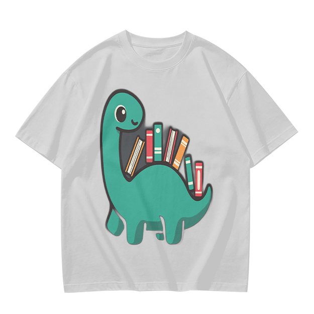 Olive T-shirt with cute dinosaur carrying books graphic
