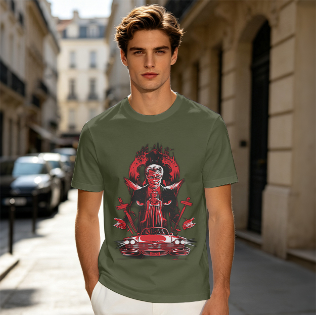 Olive Graphic T-Shirt with Devilish Man, Woman and Red Classic Car Print