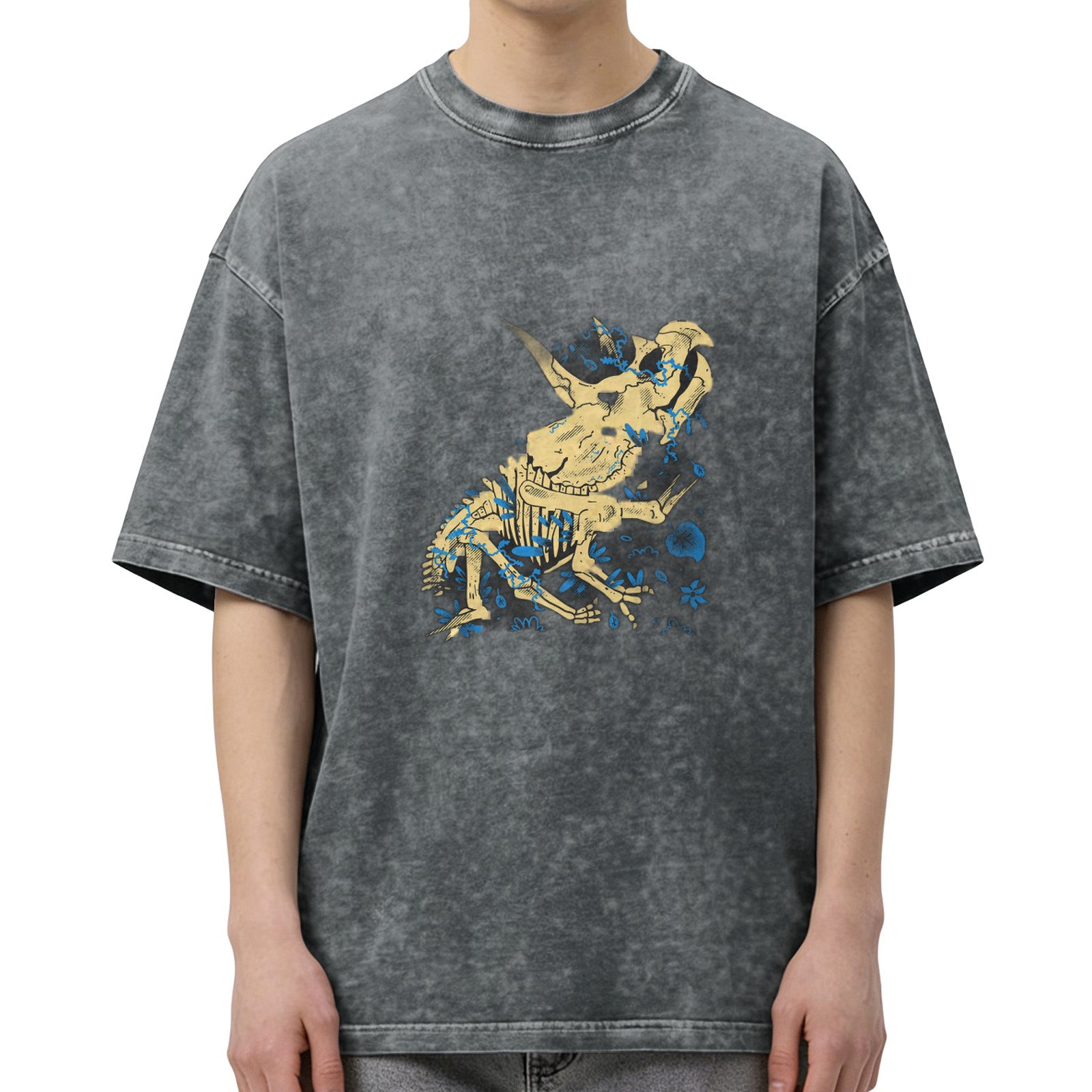 Oversized Acid Wash T-Shirt with Dinosaur Skeleton Graphic