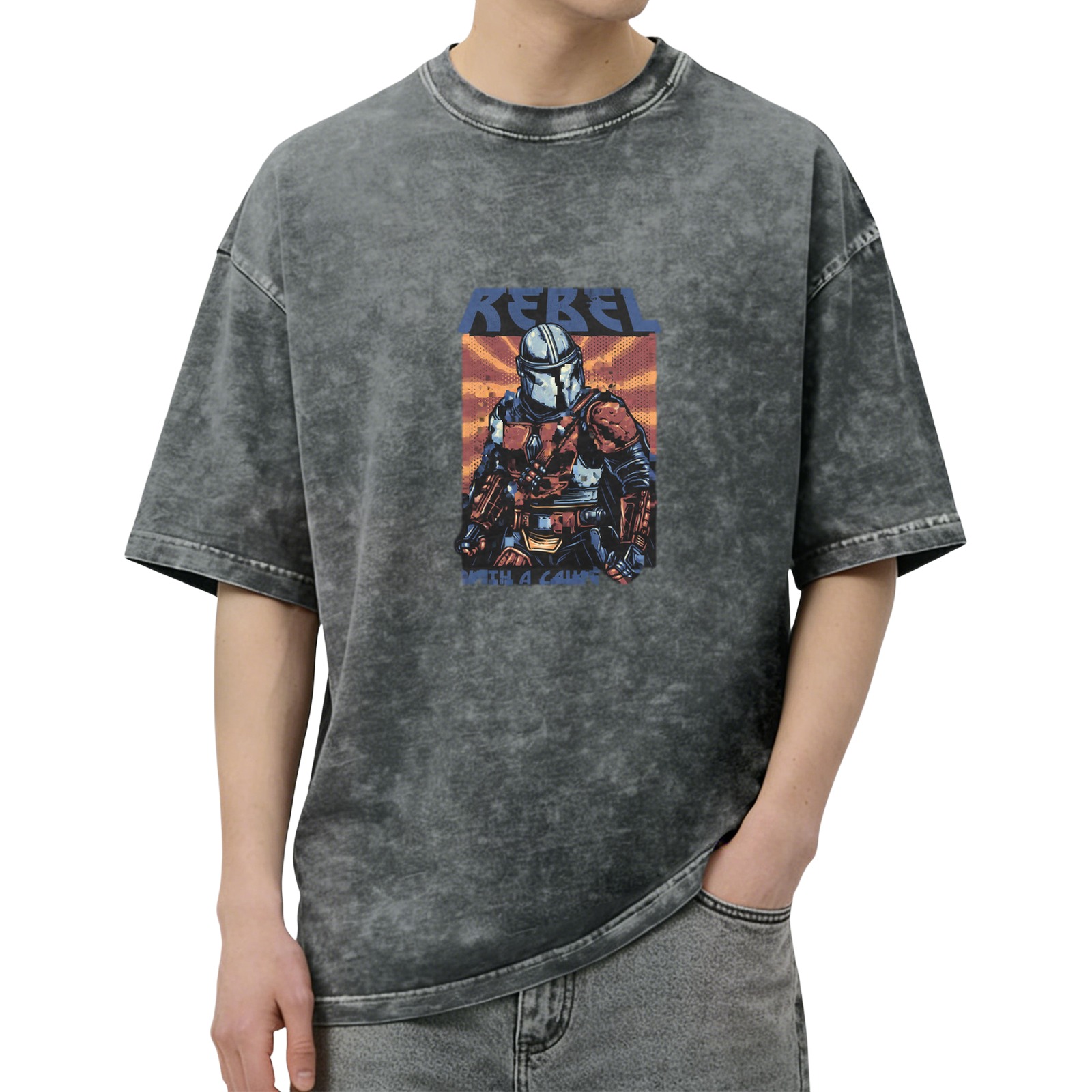 Washed Black T-Shirt With Rebel Bounty Hunter Graphic