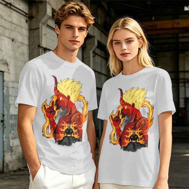 Oni Demon Flame Graphic Olive Green Casual T-Shirt
