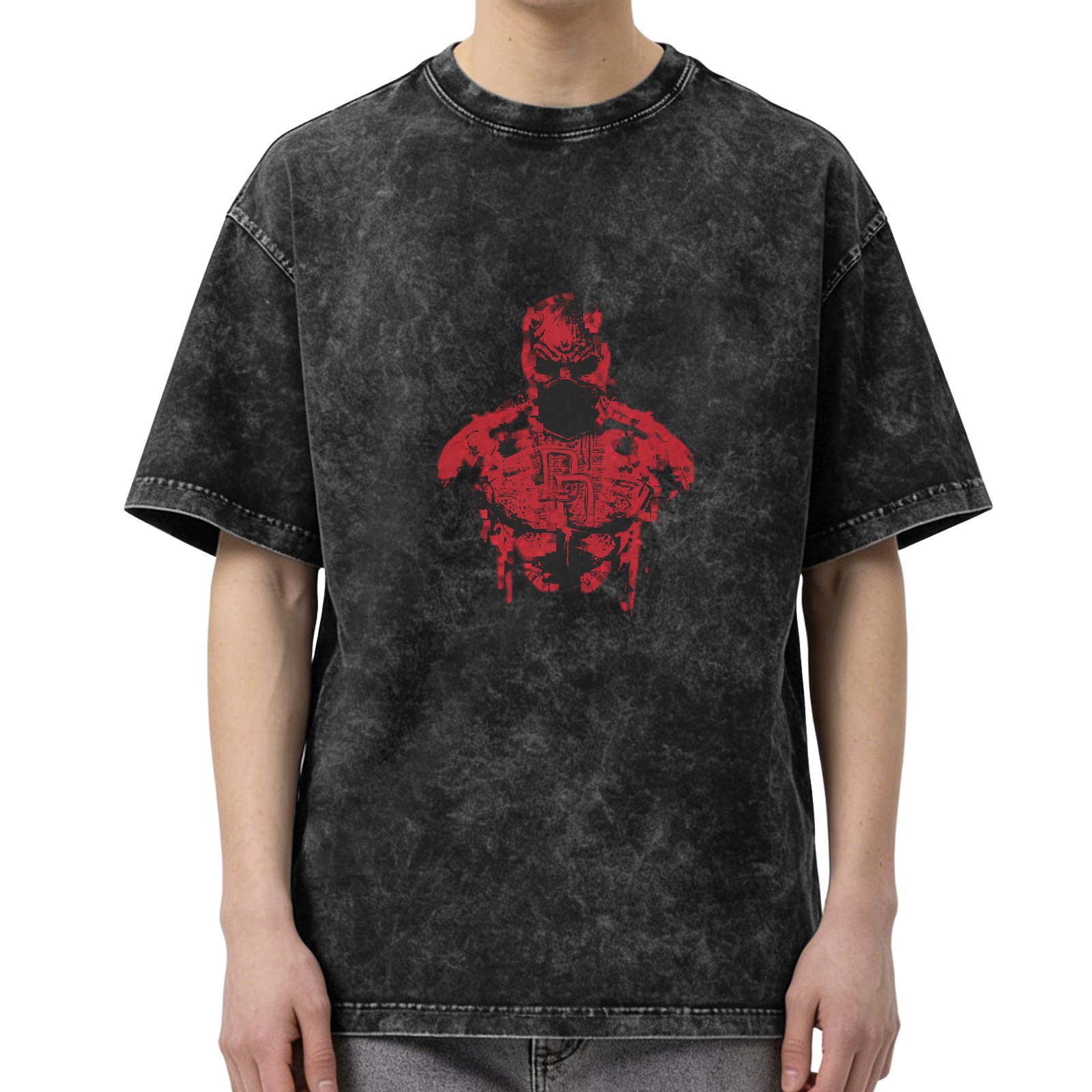 Washed Black T-Shirt With Red Superhero Graphic Print