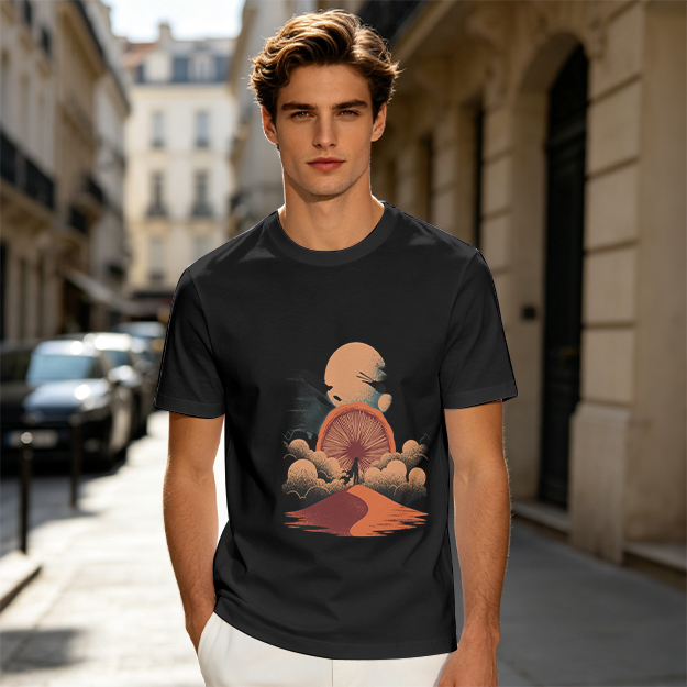 Olive T-Shirt with Surreal Desert Sunset Graphic Print