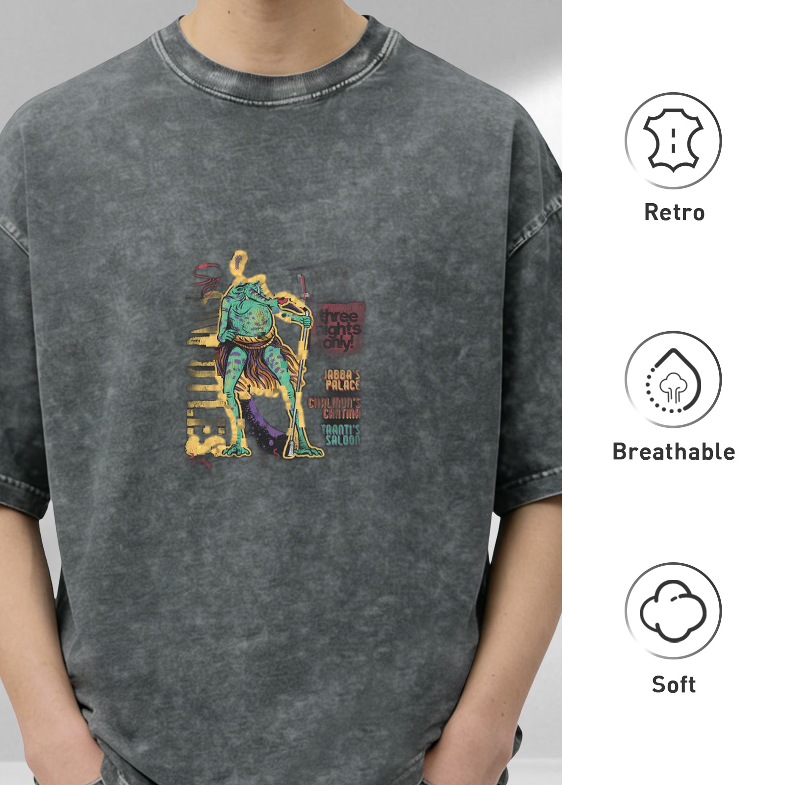 Oversized Acid Wash Graphic T-Shirt with Alien Creature Print
