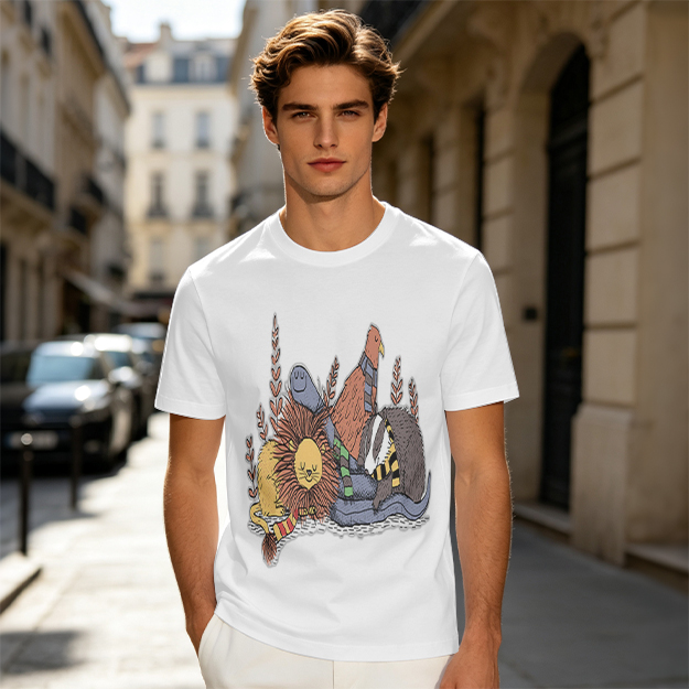 Olive Green T-Shirt With Whimsical Fantasy Creature Graphic Print