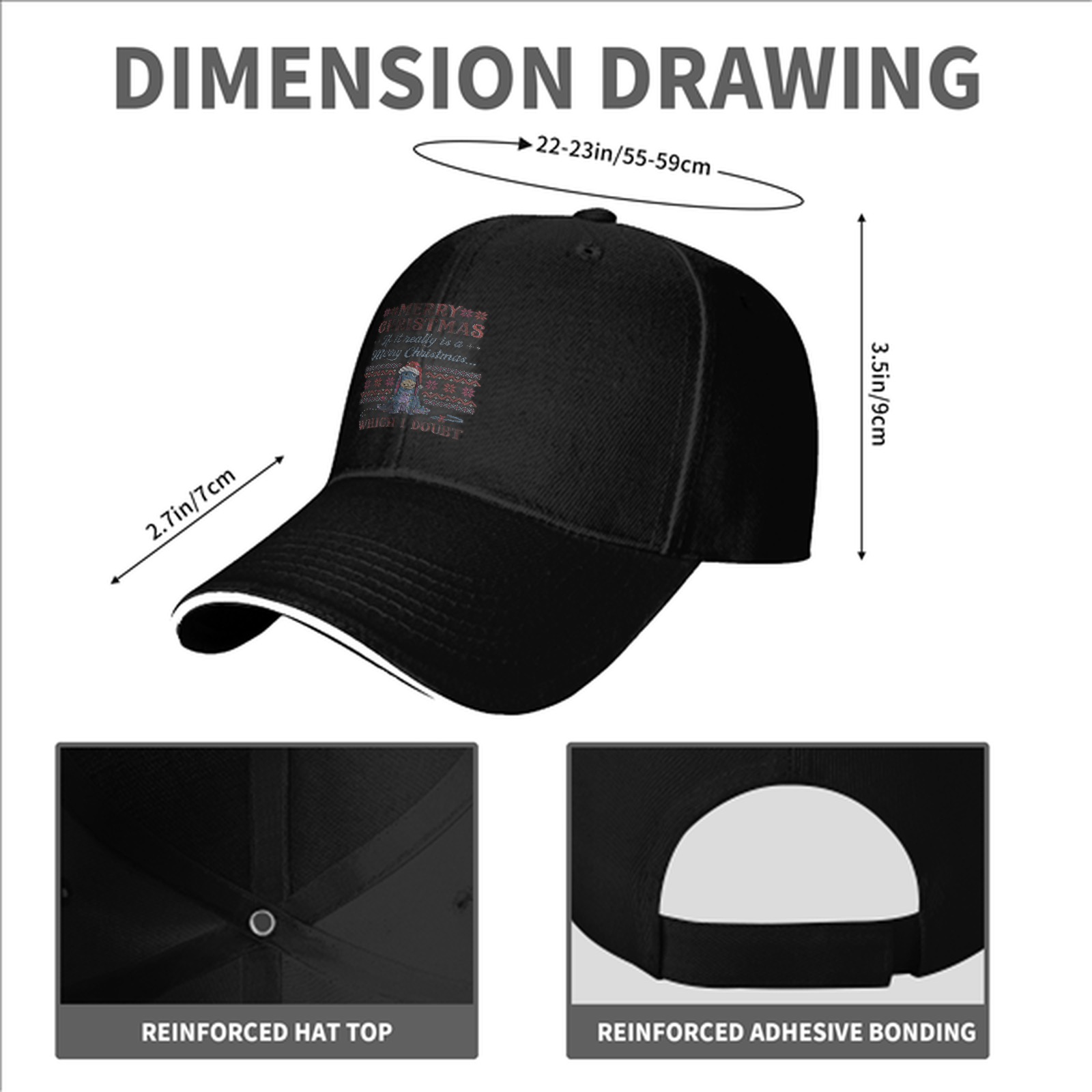 Black baseball cap with skeptical Eeyore Christmas print