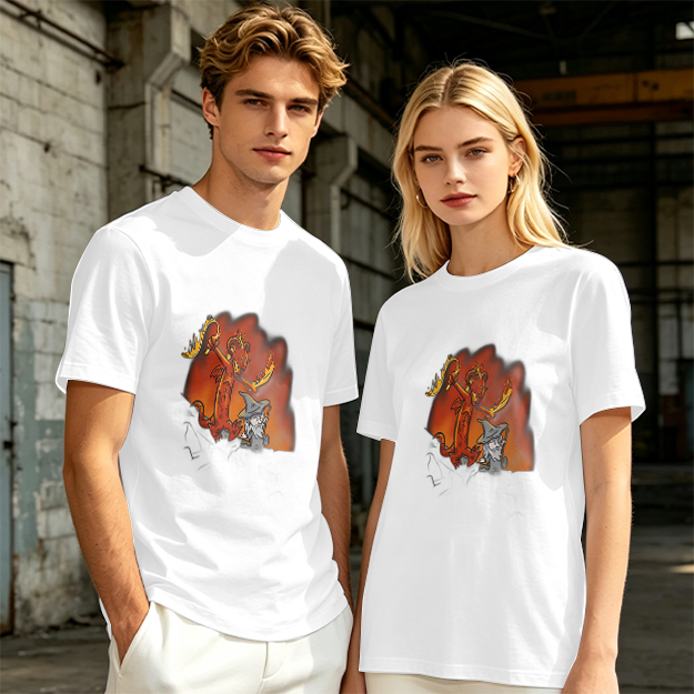 Olive T-shirt with Cartoon Demon and Wizard Fantasy Print