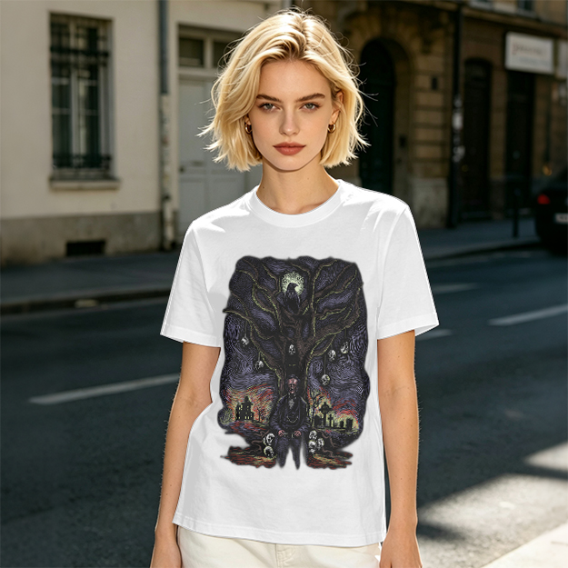 Olive t-shirt with gothic tree raven and graveyard graphic
