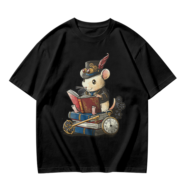 Steampunk mouse reading book graphic olive green t-shirt