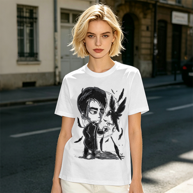 Olive T-Shirt with Chibi Dark Character and Crow Print