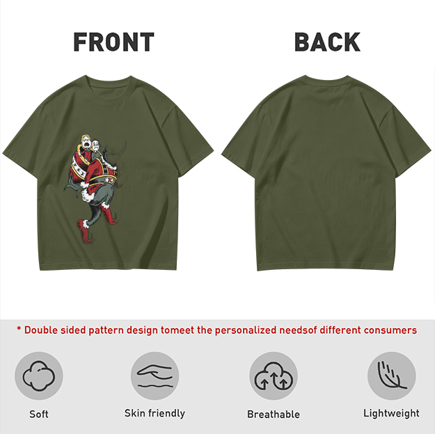 Olive T-shirt with distressed cartoon Santa Claus graphic