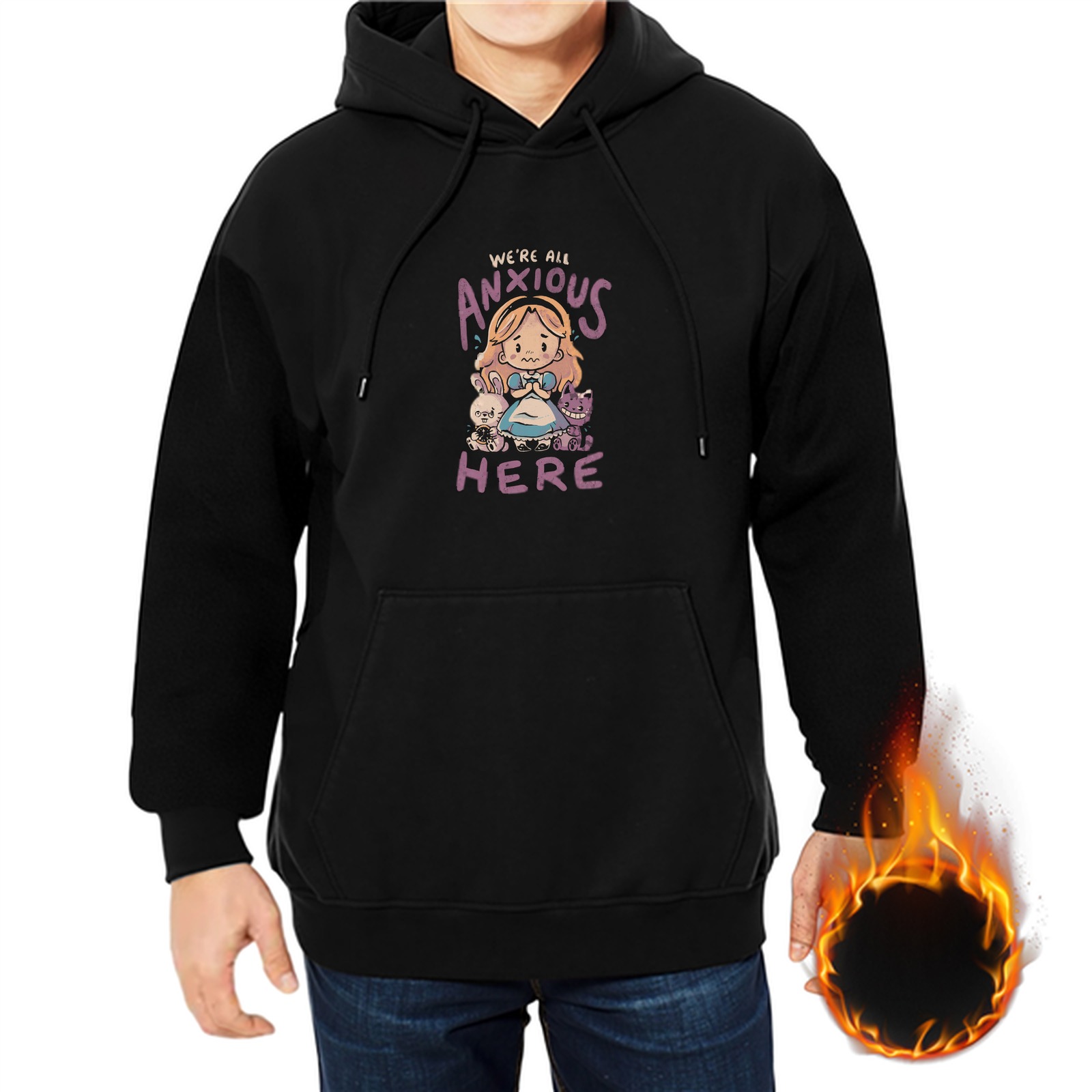 Black hoodie with anxious Alice in Wonderland graphic print