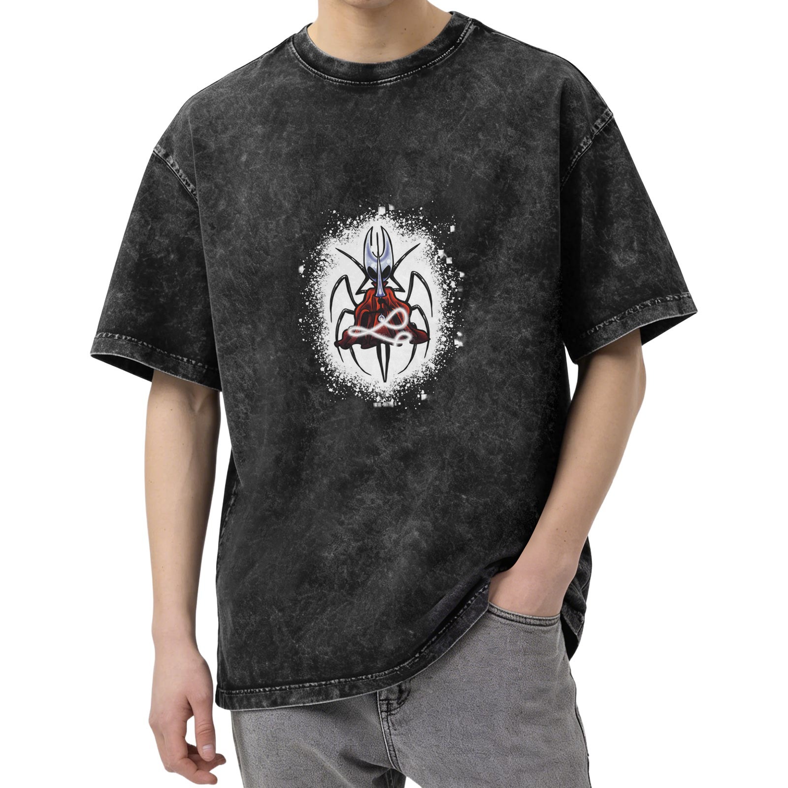 Oversized Acid Wash T-Shirt With Spider-Inspired Graphic Print