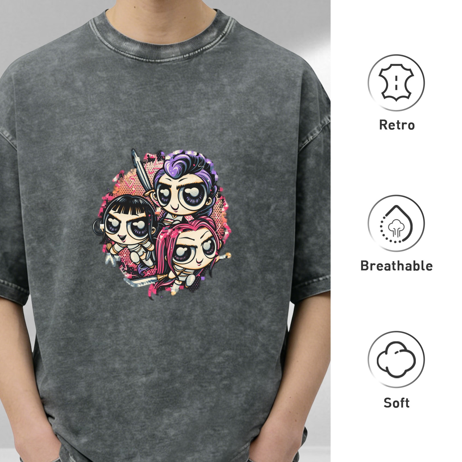 Distressed washed black cartoon print short-sleeved T-shirt