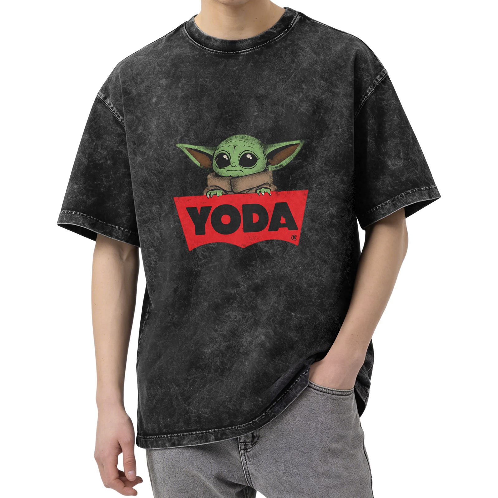 Baby Yoda Graphic Black Acid Wash Cotton T-Shirt