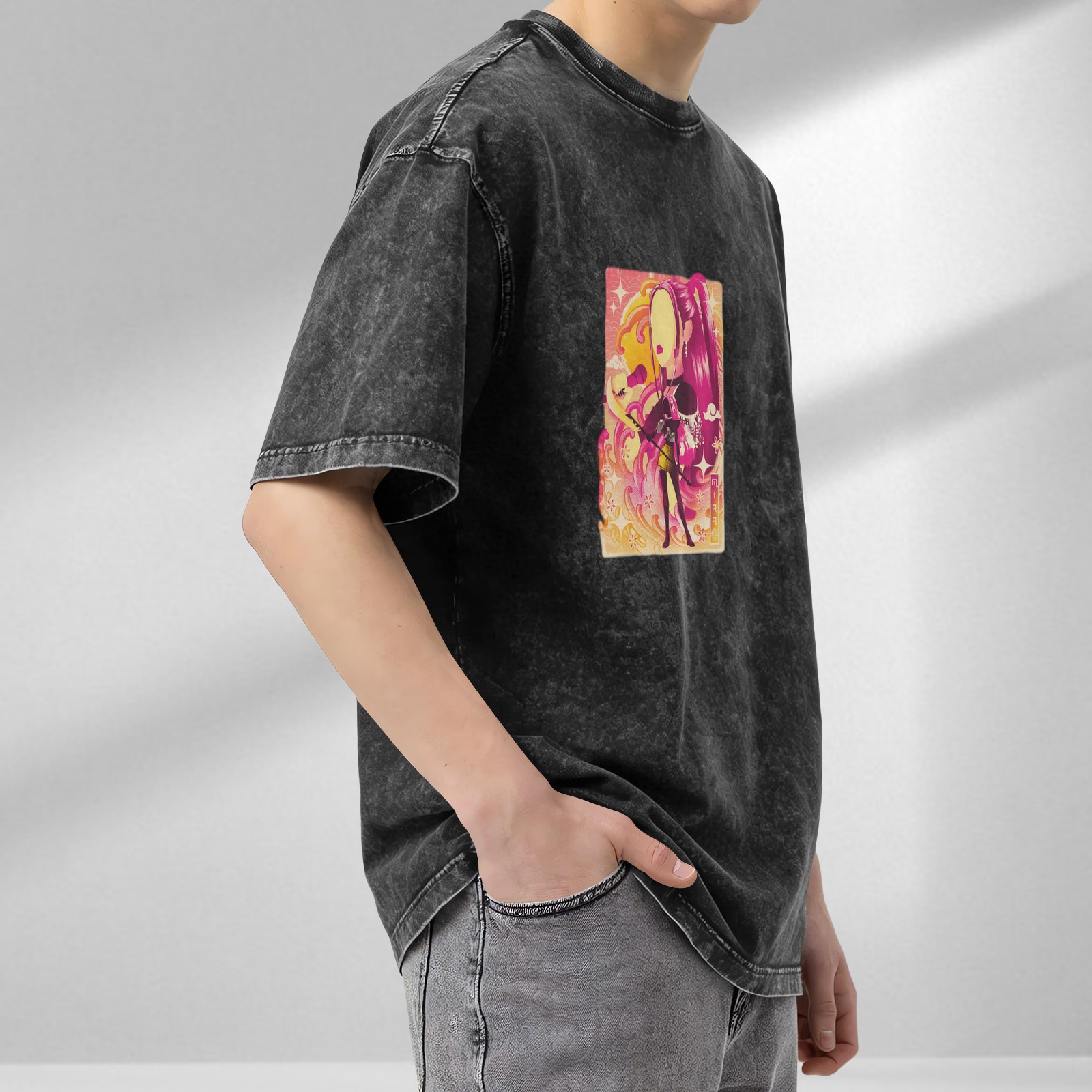 Oversized Acid Wash T-Shirt With Anime Style Graphic Print
