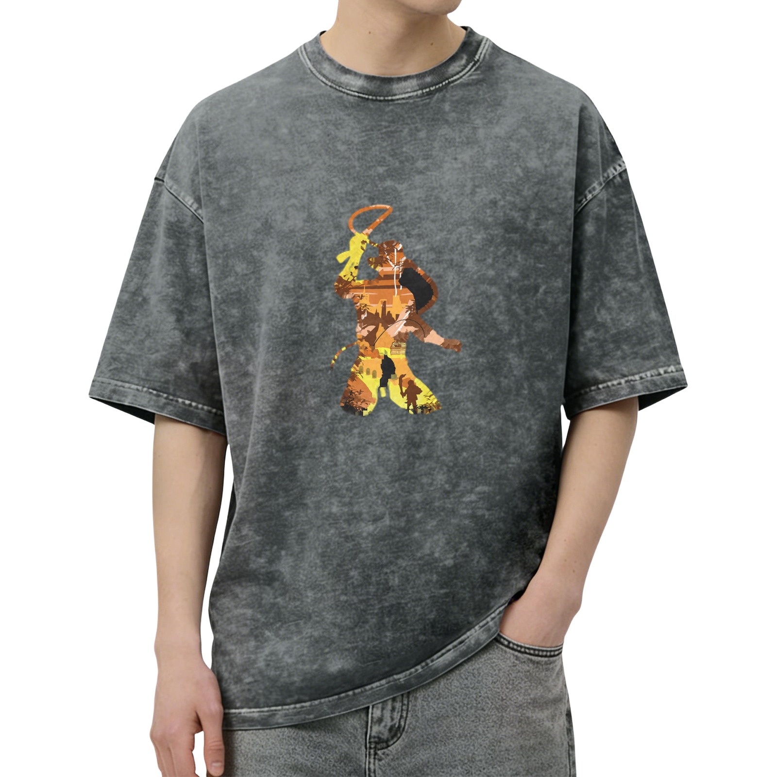 Washed Black Oversized T-Shirt With Monkey King Silhouette Graphic