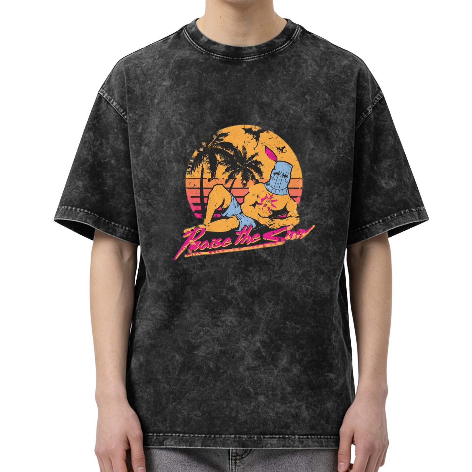 Vintage Acid Wash T-Shirt Praise The Sun Knight Sunset Graphic
