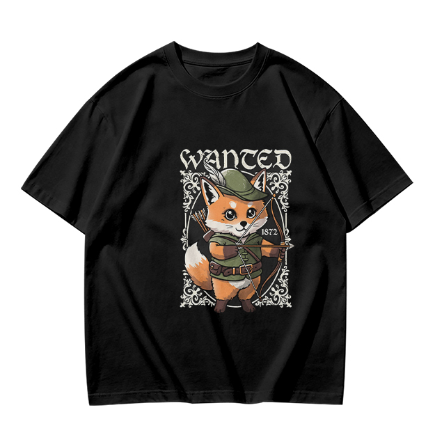 Olive green t-shirt with cute fox archer 'WANTED' graphic