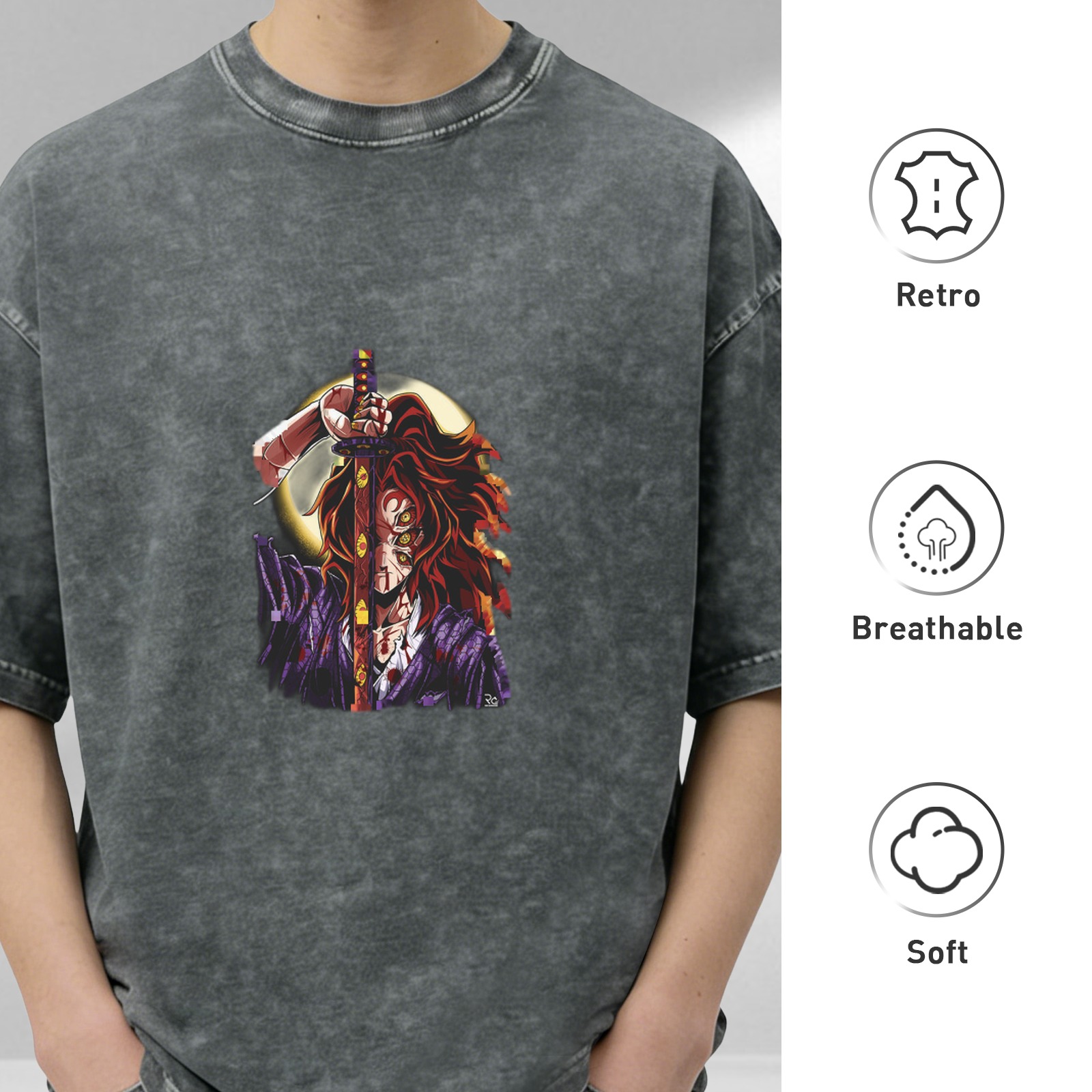 Anime Demon Slayer Character Graphic Stone Wash Oversized T-Shirt