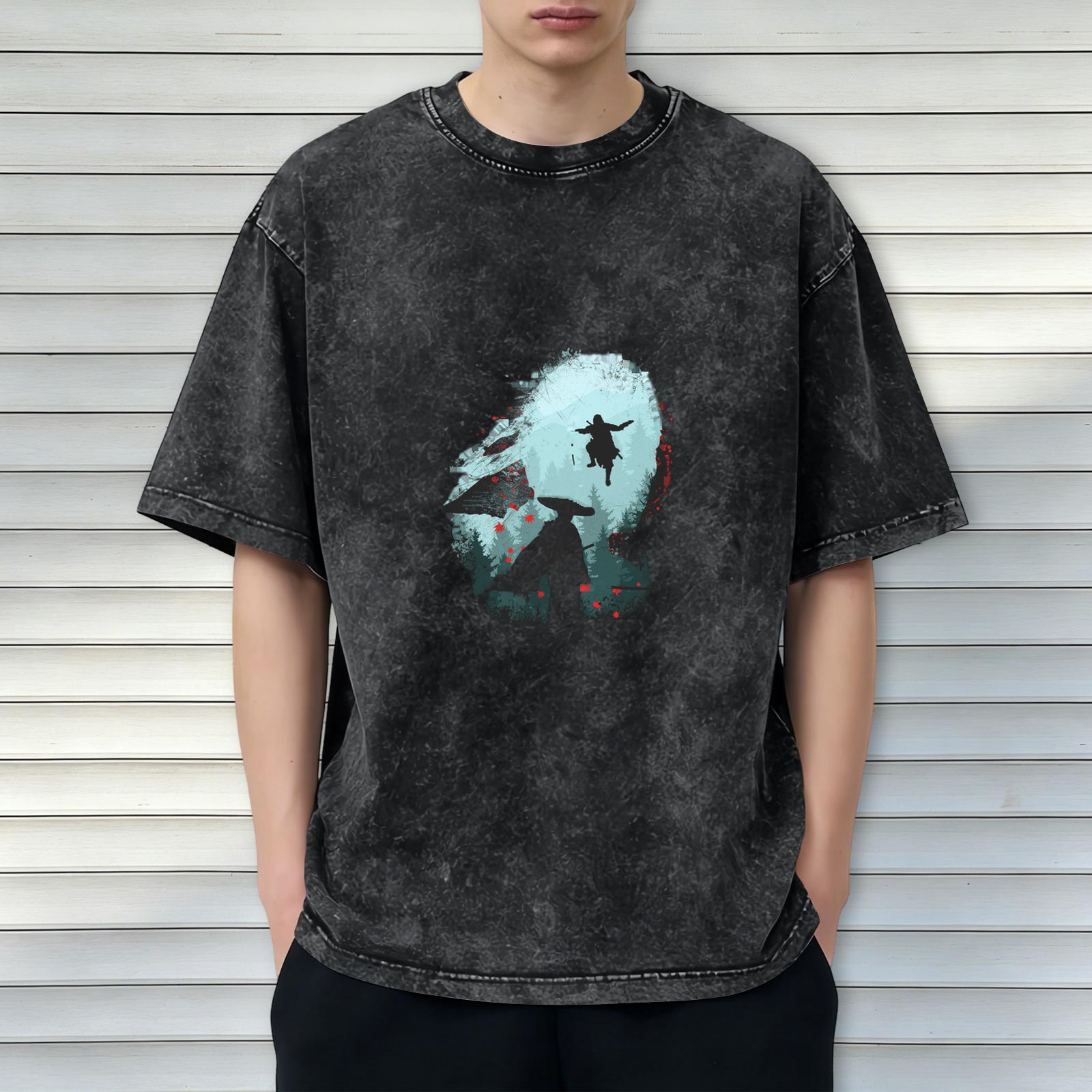 Distressed Darth Vader style printed short-sleeved T-shirt