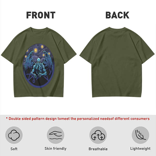 Olive T-Shirt with Cthulhu Starry Night Graphic Print