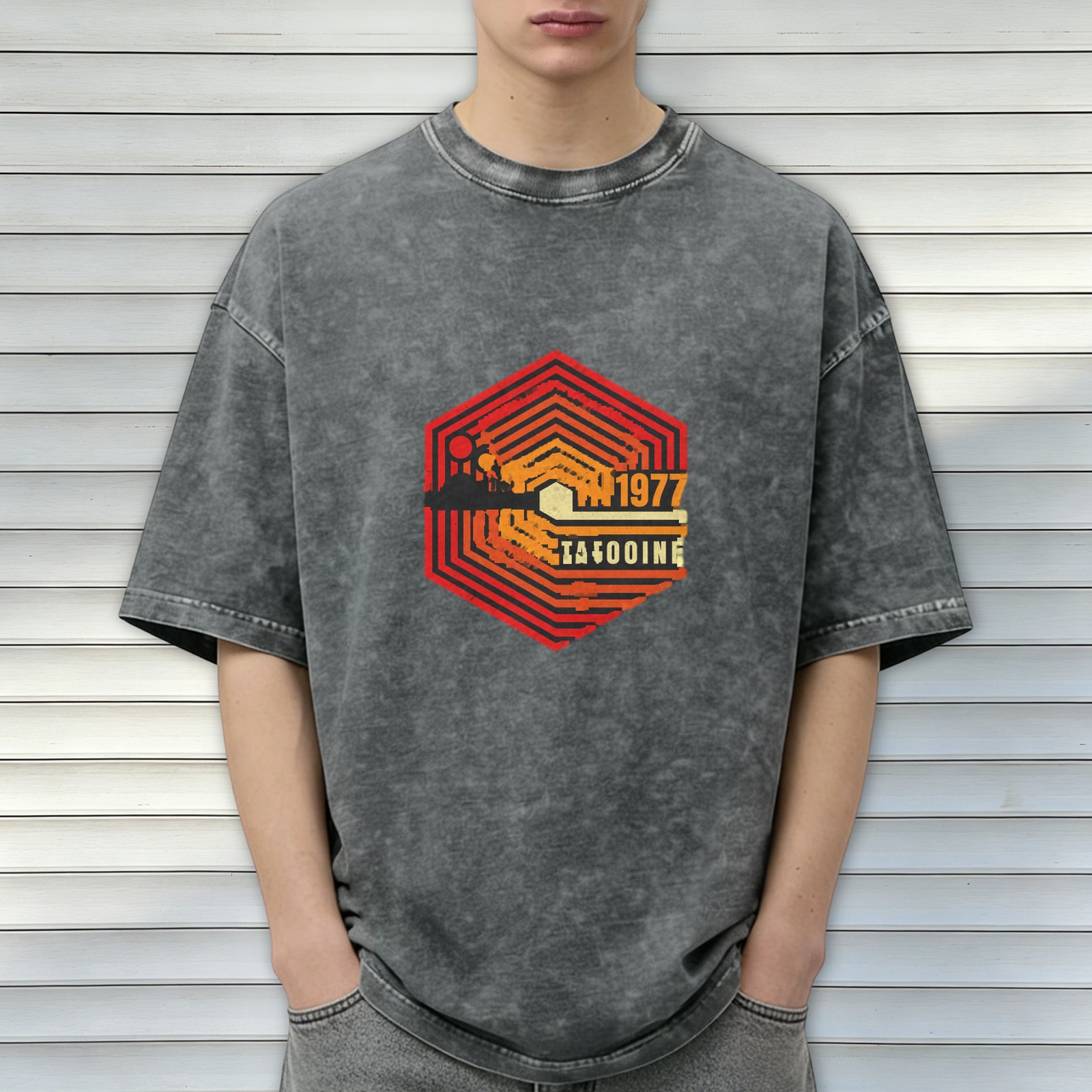 Vintage 1977 Tatooine Hexagon Graphic Stonewashed Black T-Shirt
