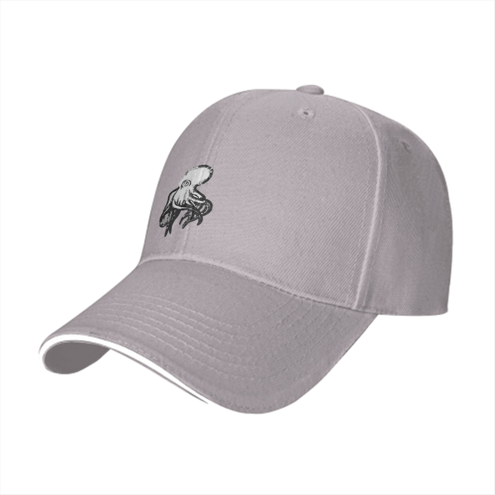 Black baseball cap with white octopus graphic design