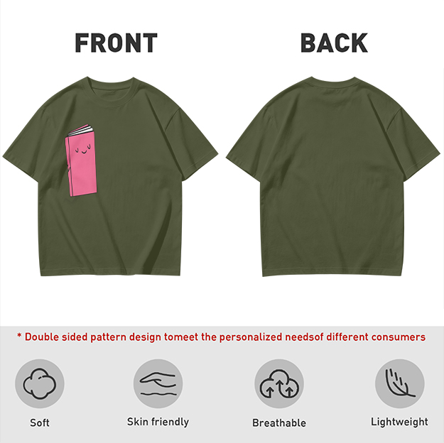 Olive Green T-Shirt With Cute Smiling Pink Book Graphic