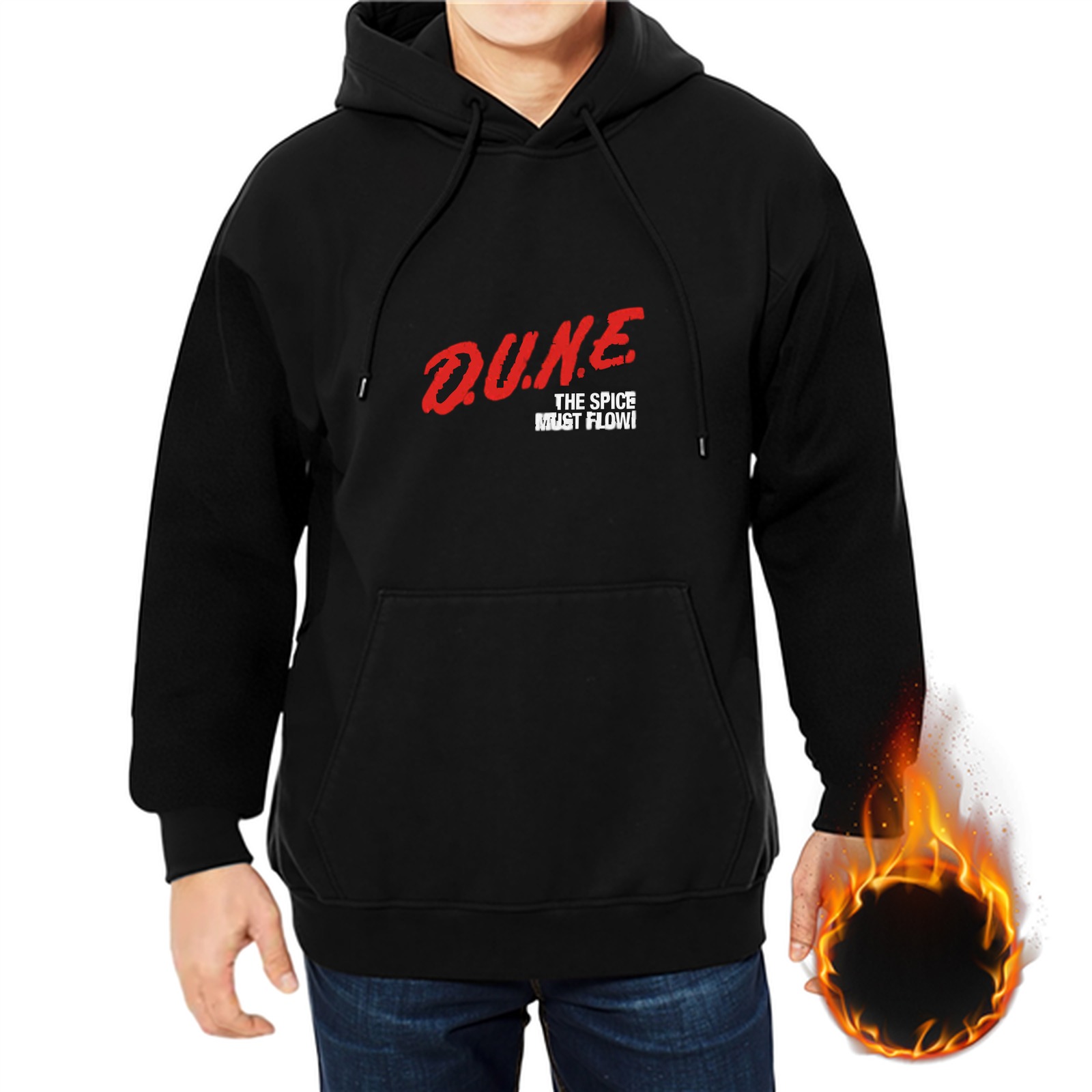 Black hoodie with DUNE The Spice Must Flow print