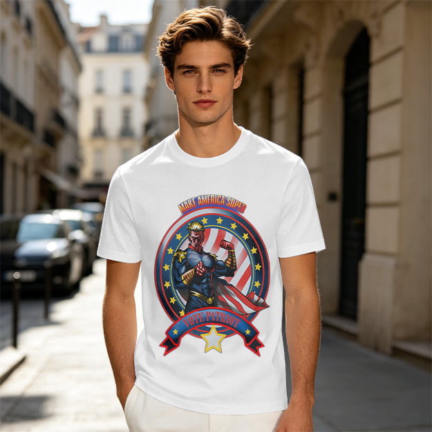 Olive t-shirt with patriotic superhero 'Make America Super' graphic
