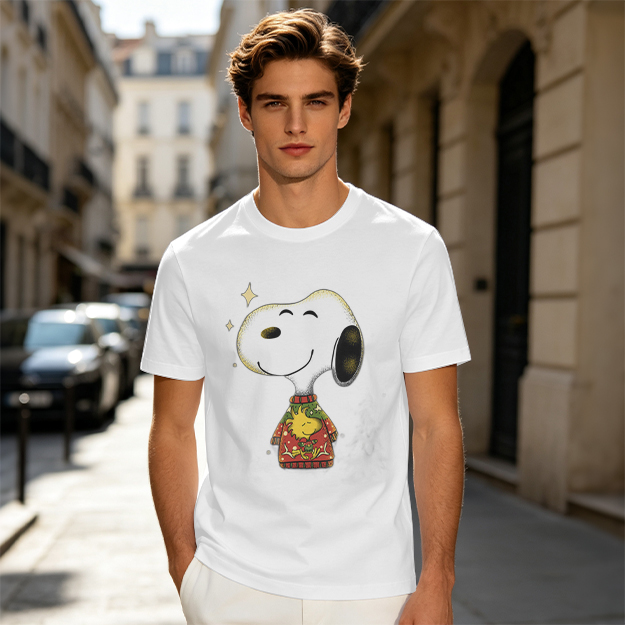 Olive T-shirt with Snoopy in Christmas Sweater Graphic